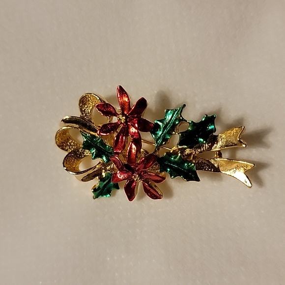 Vintage Gerry's Signed Christmas Poinsettia Ivy Gold Tone Brooch Pin Holiday - Picture 3 of 16